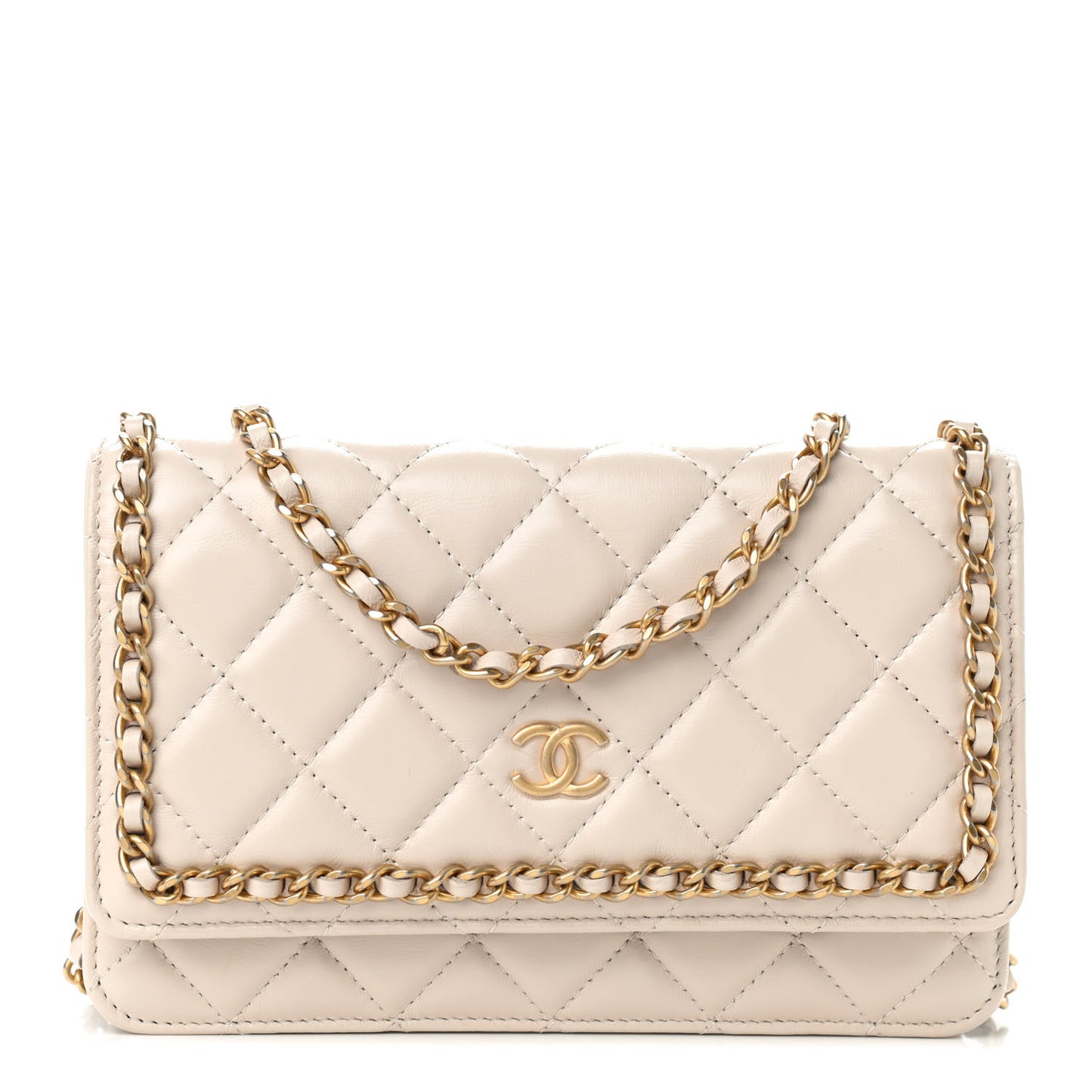 Lambskin Quilted Chain Around Wallet On Chain WOC Beige