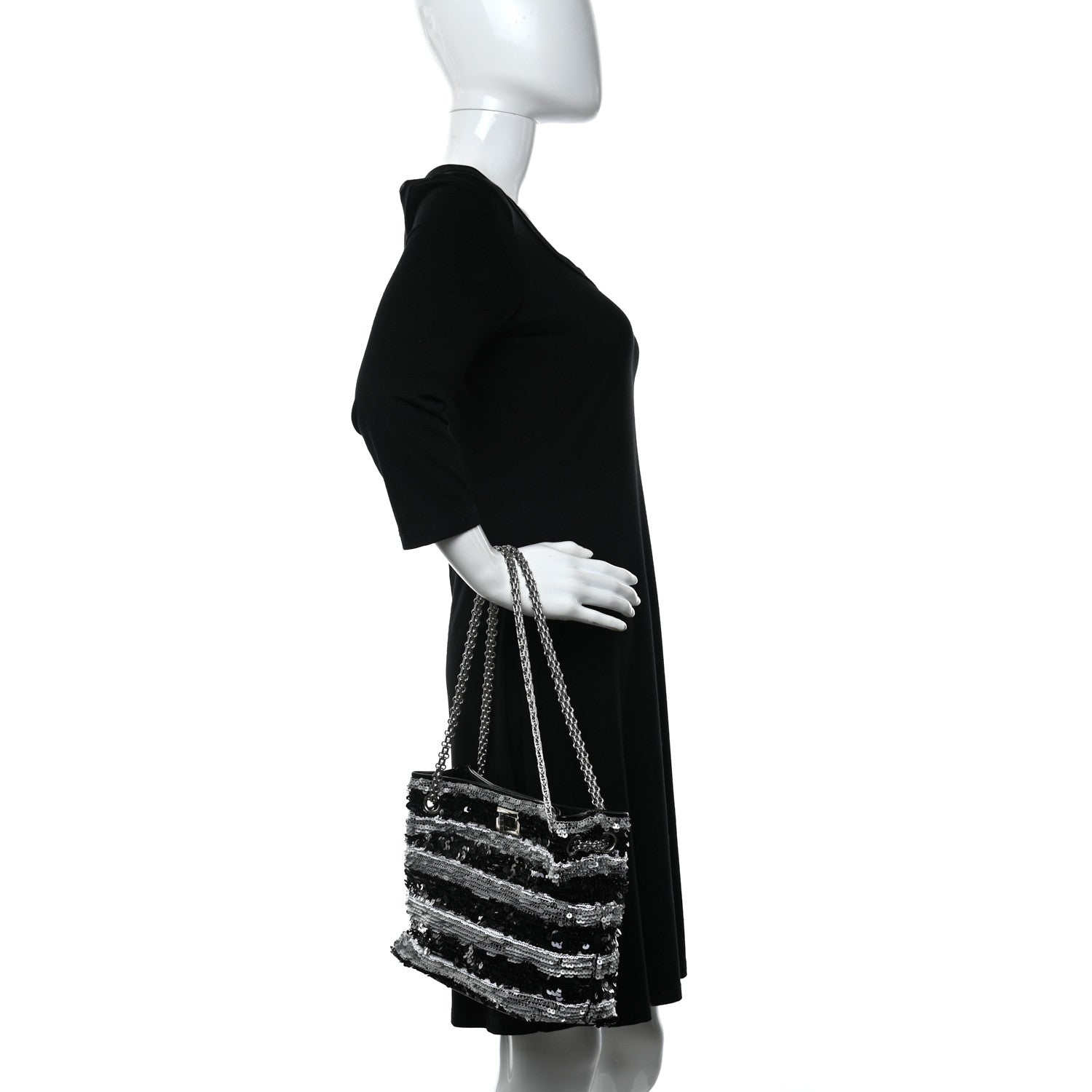 Chanel Sequin Striped Mademoiselle Tote Black Silver 2 of 9