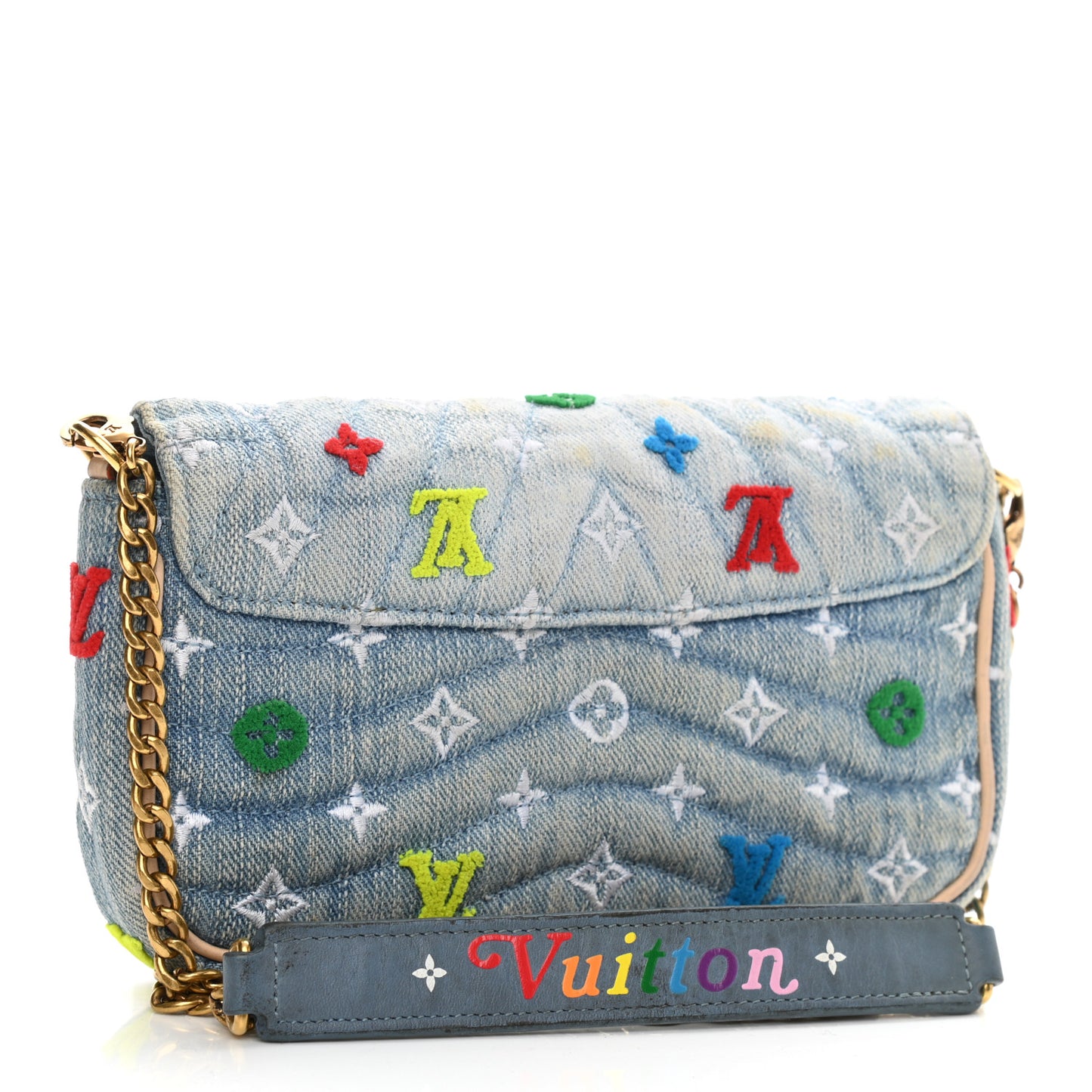 Embroidered Monogram Denim New Wave Chain Pochette Blue