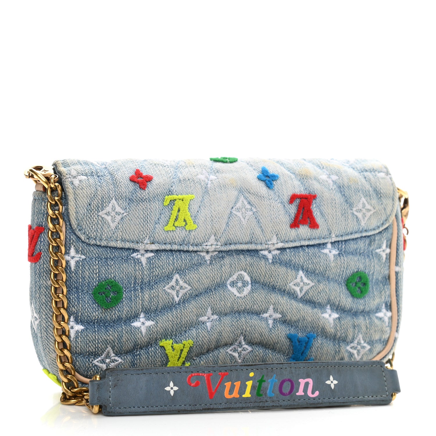 Louis Vuitton Embroidered Monogram Denim New Wave Chain Pochette Blue 3 of 14