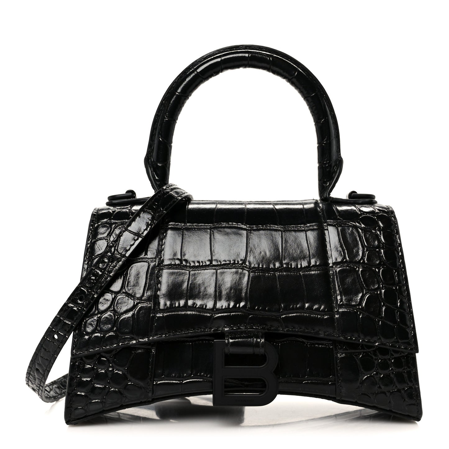 Shiny Calfskin Monochrome Crocodile Embossed Hourglass Top Handle Bag XS Black