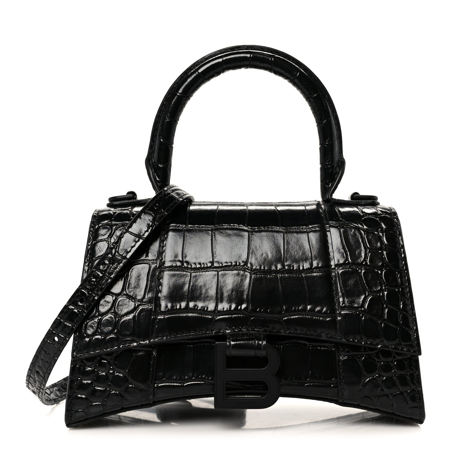 Balenciaga Shiny Calfskin Monochrome Crocodile Embossed Hourglass Top Handle Bag XS Black 1 of 11