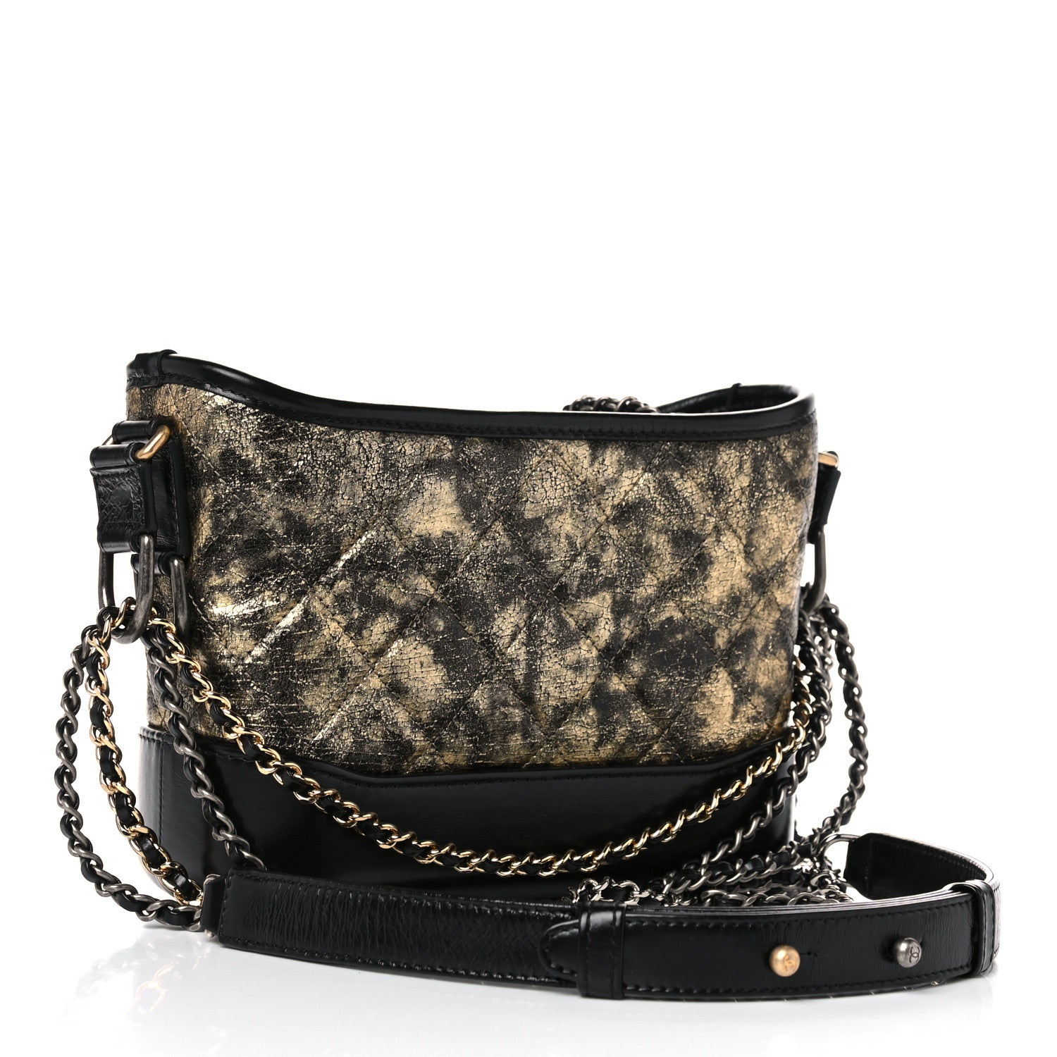 Chanel Metallic Crumpled Goatskin Quilted Small Gabrielle Hobo Black Gold 3 of 11