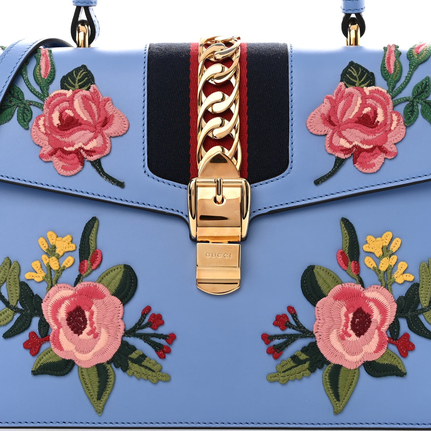Calfskin Embroidered Medium Sylvie Top Handle Bag Clear Sky Blue