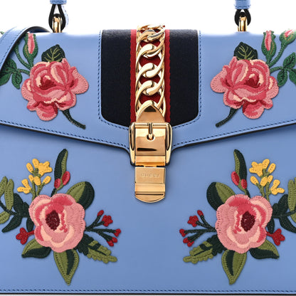 Gucci Calfskin Embroidered Medium Sylvie Top Handle Bag Clear Sky Blue 8 of 13