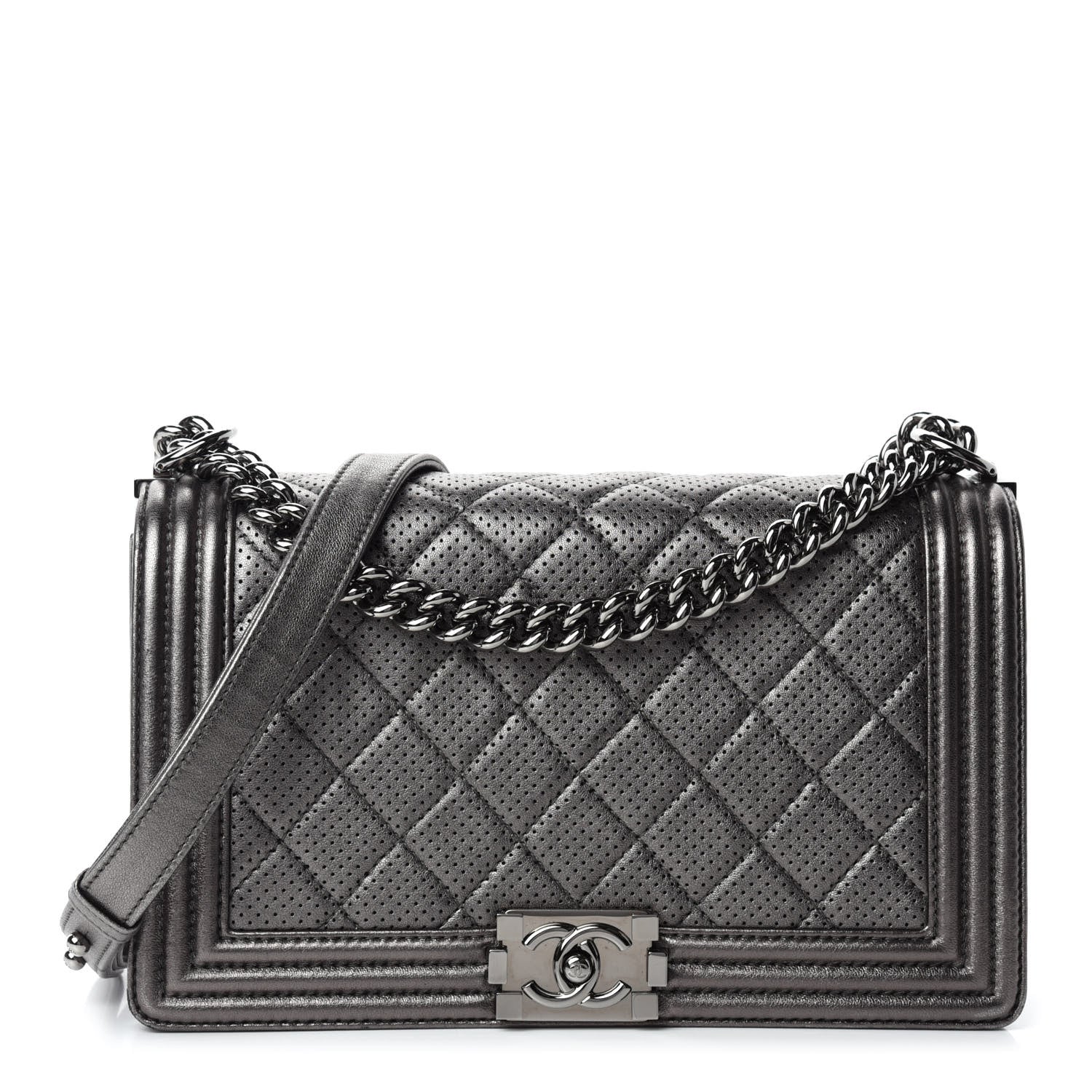 Chanel Metallic Lambskin Perforated New Medium Boy Flap Dark Silver 1 of 13