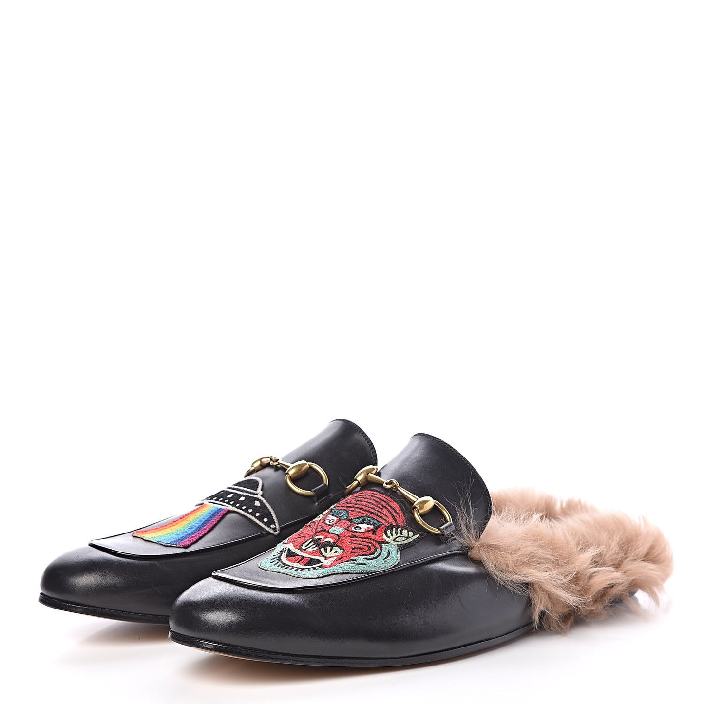 Calfskin Fur Dragon UFO Embroidered Mens Princetown Slippers 13 Black