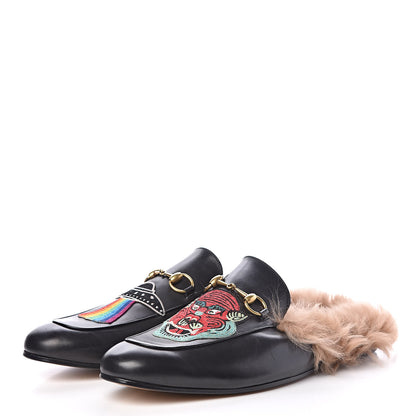 Gucci Calfskin Fur Dragon UFO Embroidered Mens Princetown Slippers 13 Black 3 of 8