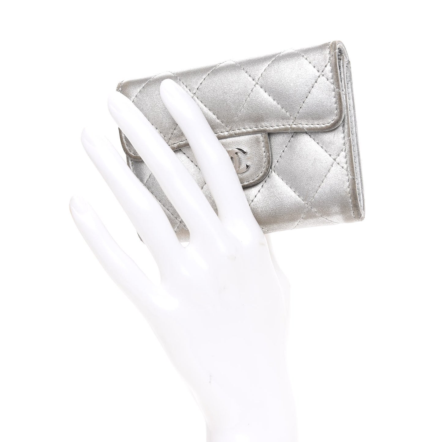 Metallic Lambskin Quilted Flap Card Holder Wallet Silver