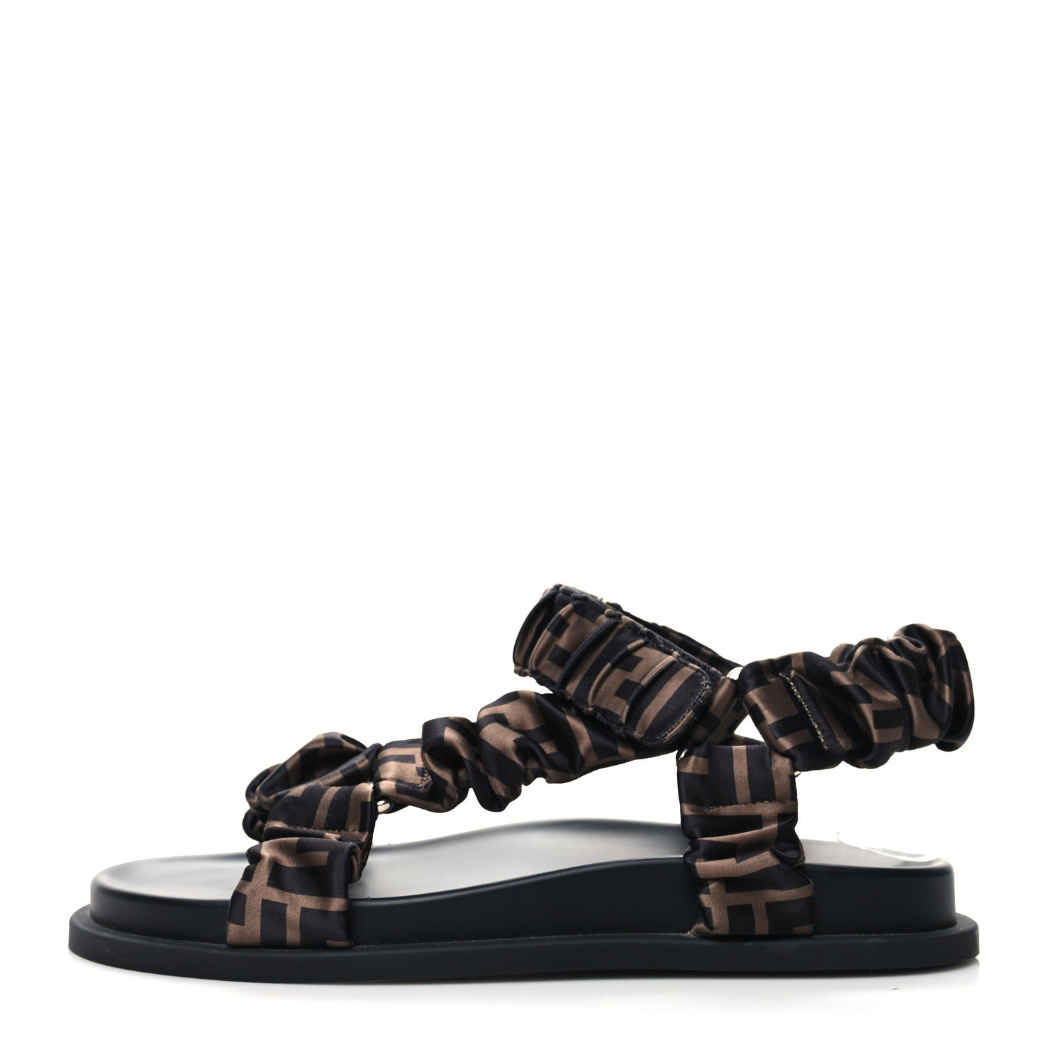 Fendi Satin FF Ruched Sandals 38 Tobacco Black 1 of 8