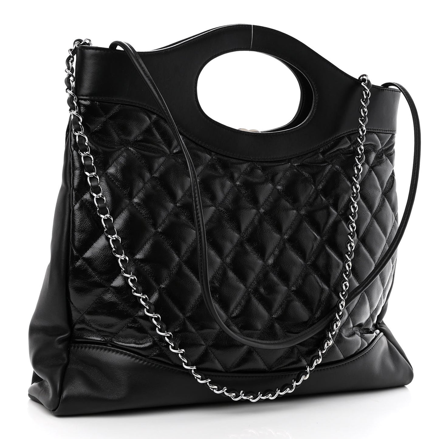 Shiny Aged Calfskin Quilted Large 31 Shopping Bag Black