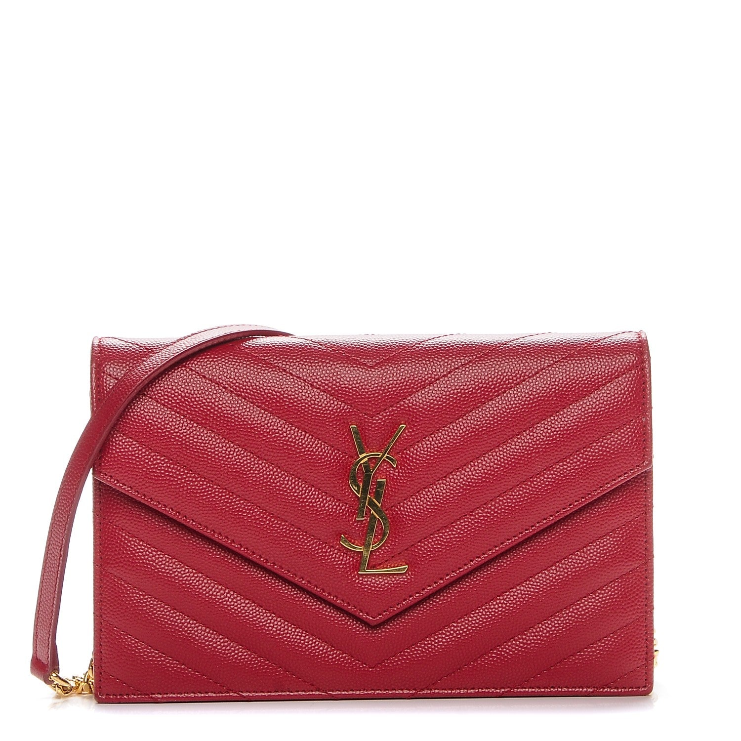 Saint Laurent Grain De Poudre Matelasse Monogram Envelope Chain Wallet New Red 1 of 7