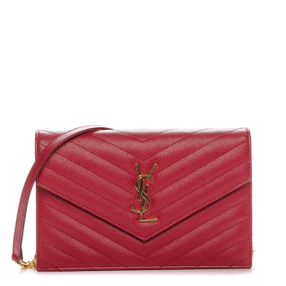 Saint Laurent Grain De Poudre Matelasse Monogram Envelope Chain Wallet New Red 1 of 7