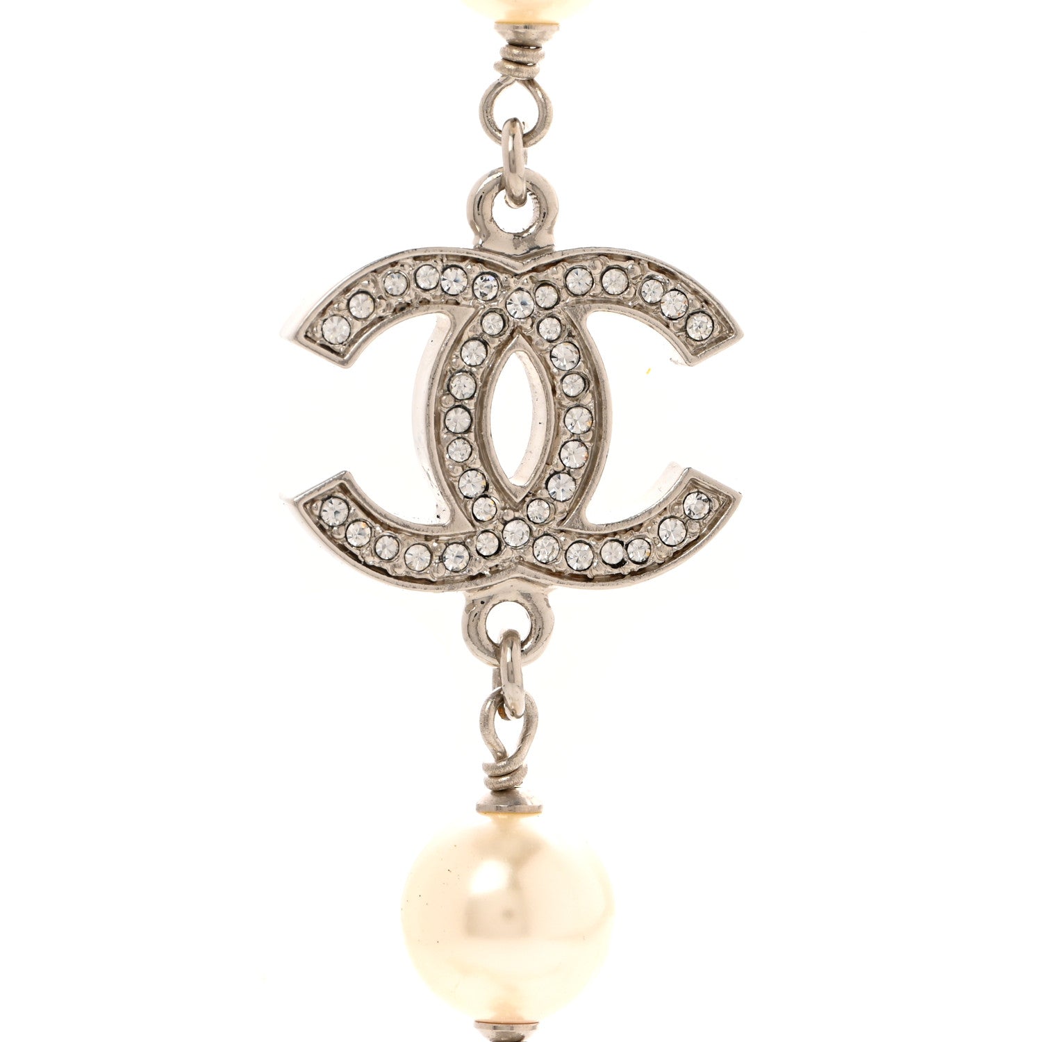 Chanel Graduated Pearl Crystal CC Long Necklace Silver 5 of 6