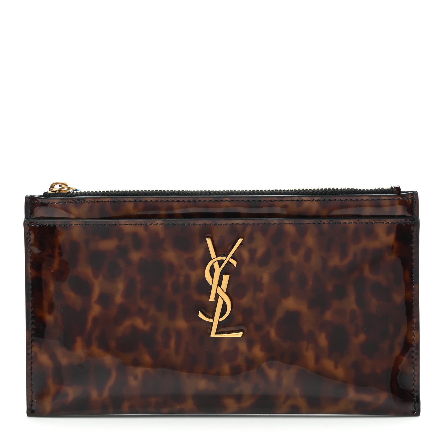 Saint Laurent Patent Tartarugato Monogram Bill Pouch Tortoise Brown 1 of 8