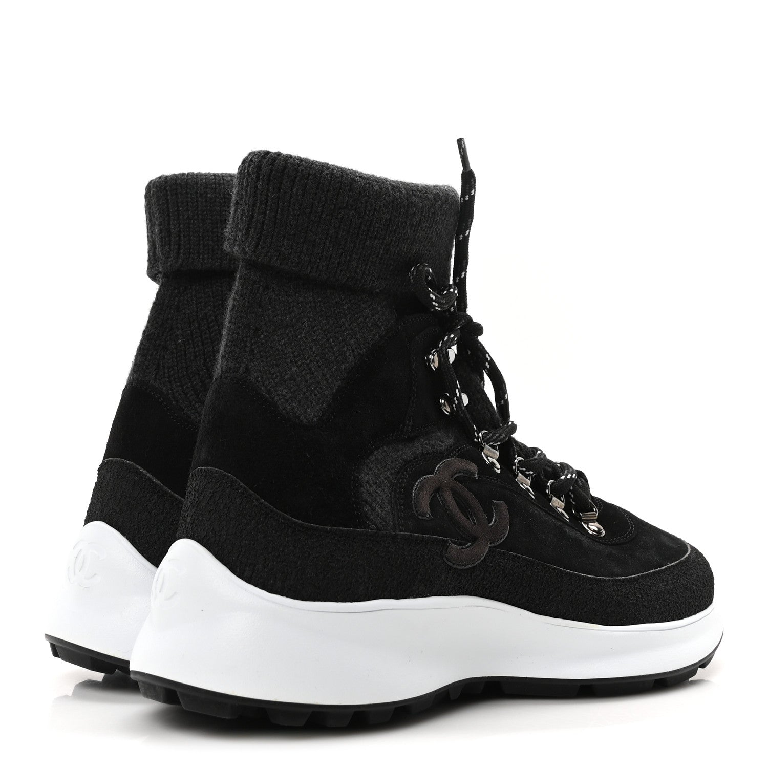 Chanel Suede Calfskin Knit CC Sneakers 40 Black Dark Gray 5 of 9