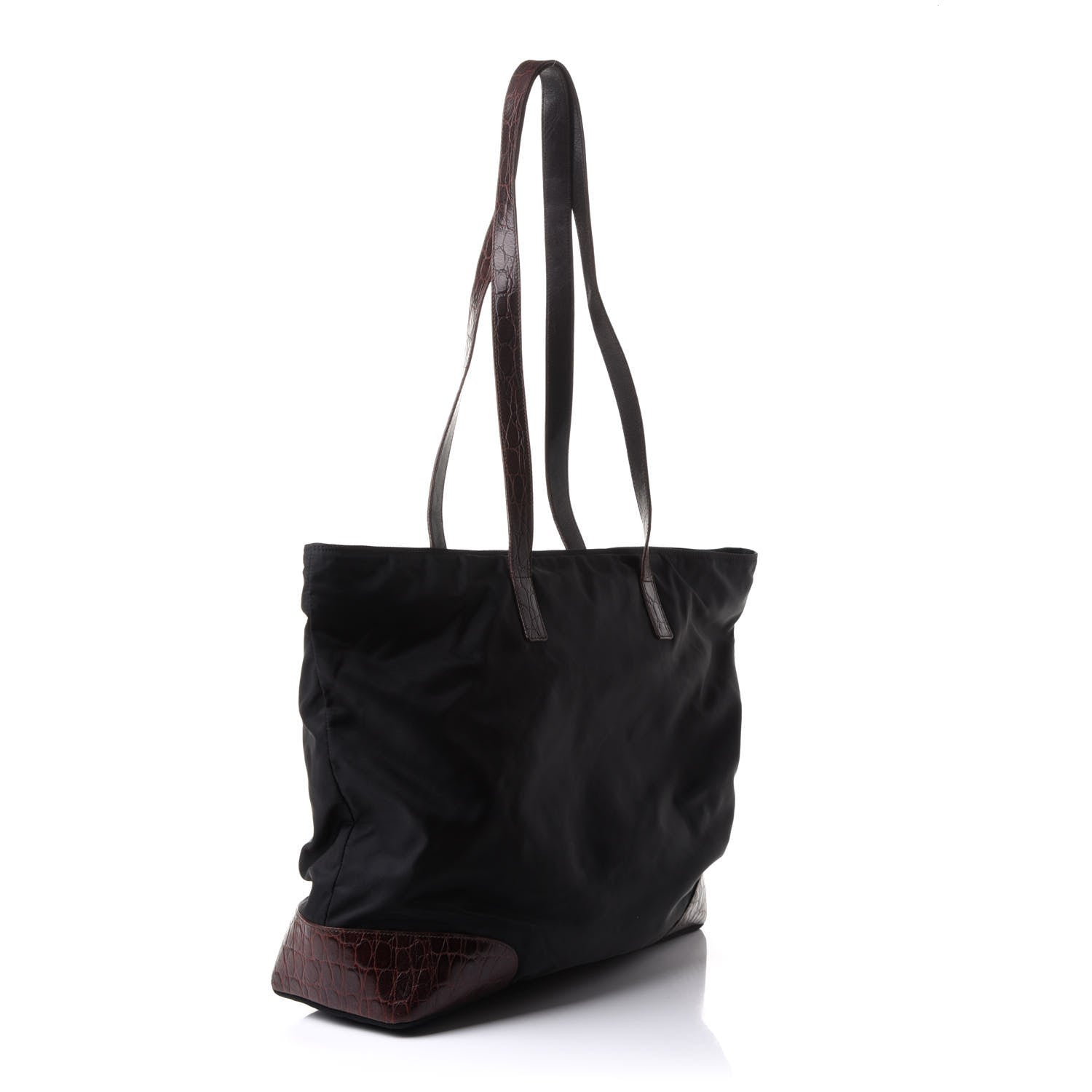 Prada Tessuto Nylon Calfskin Crocodile Embossed Tote Brown 2 of 8