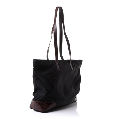 Prada Tessuto Nylon Calfskin Crocodile Embossed Tote Brown 2 of 8