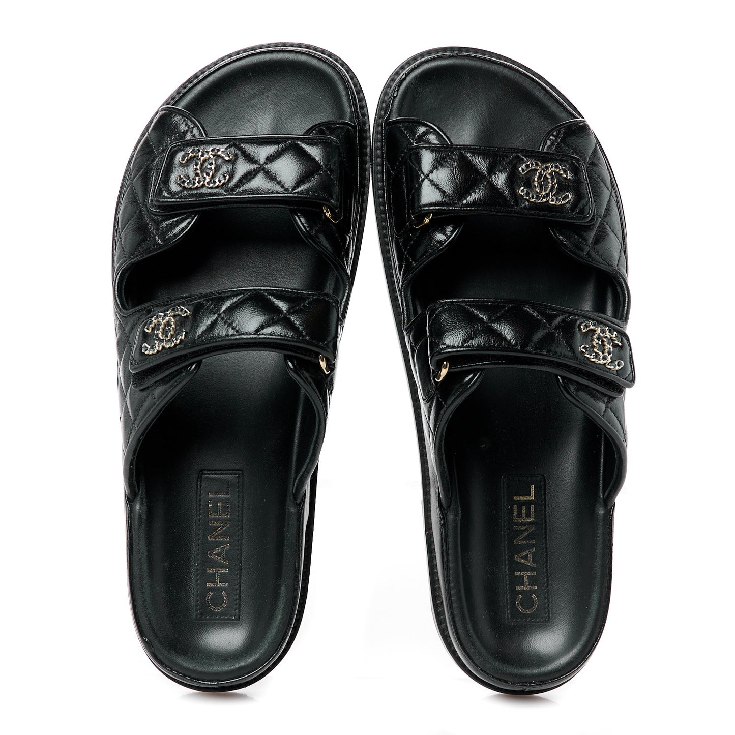 Lambskin Quilted Velcro Dad Chain CC Slide Sandals 41 Black