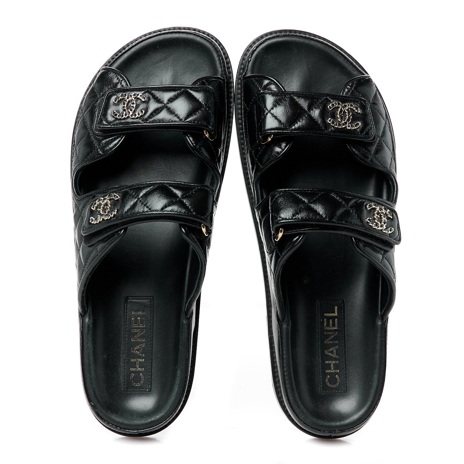Chanel Lambskin Quilted Velcro Dad Chain CC Slide Sandals 41 Black 2 of 10