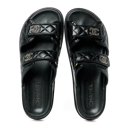Chanel Lambskin Quilted Velcro Dad Chain CC Slide Sandals 41 Black 2 of 10