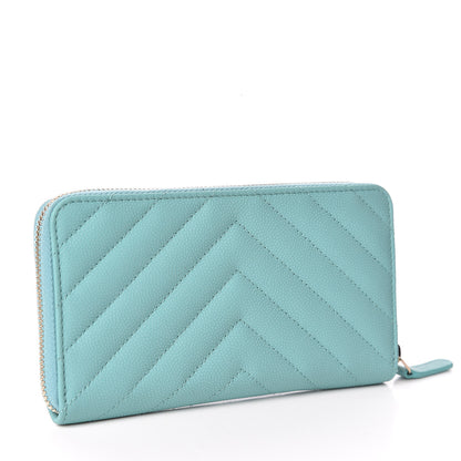 Chanel Caviar Chevron Quilted Small Zip Around Wallet Green 3 of 9