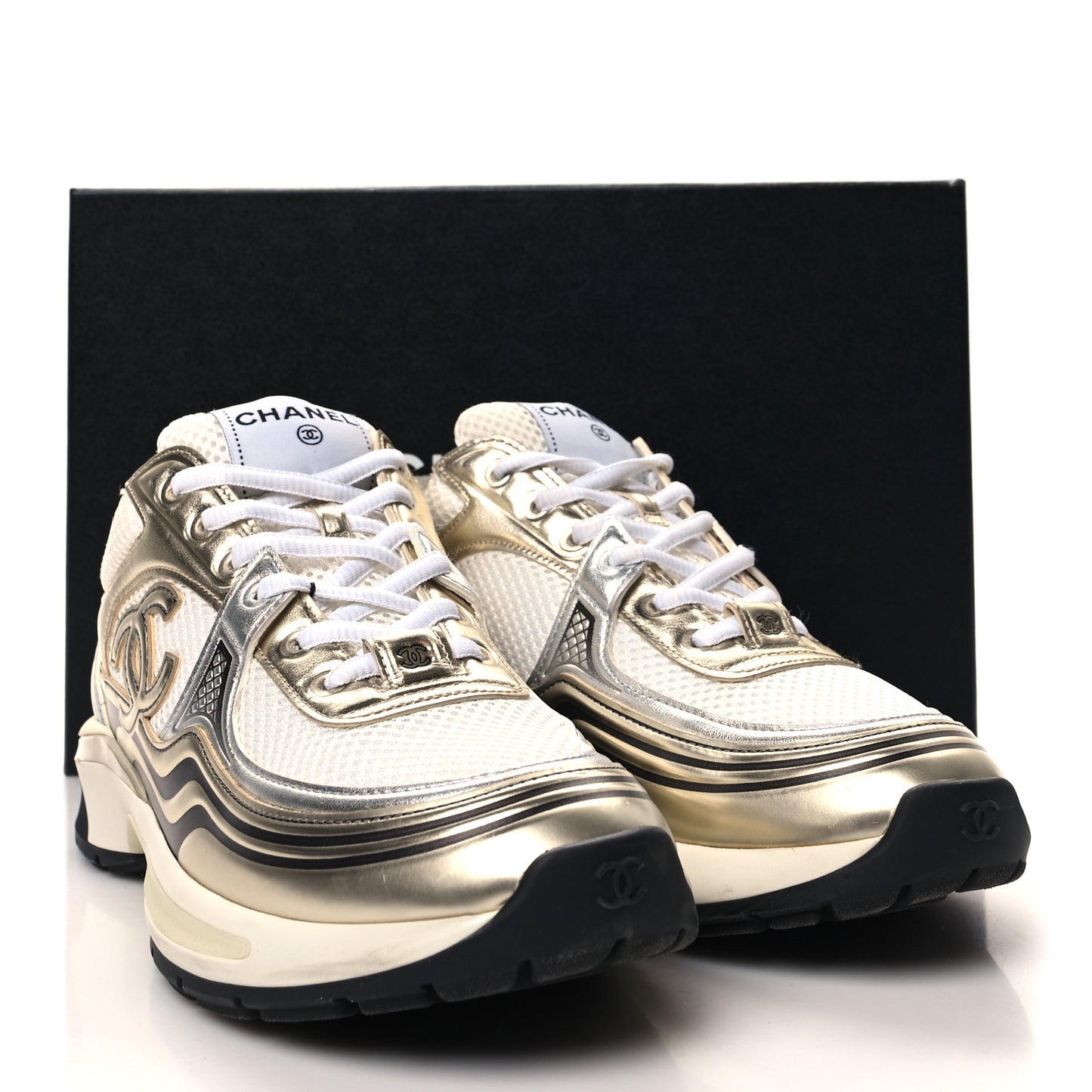 Fabric Laminated Calfskin Stretch CC Sneakers 39.5 White Gold Silver