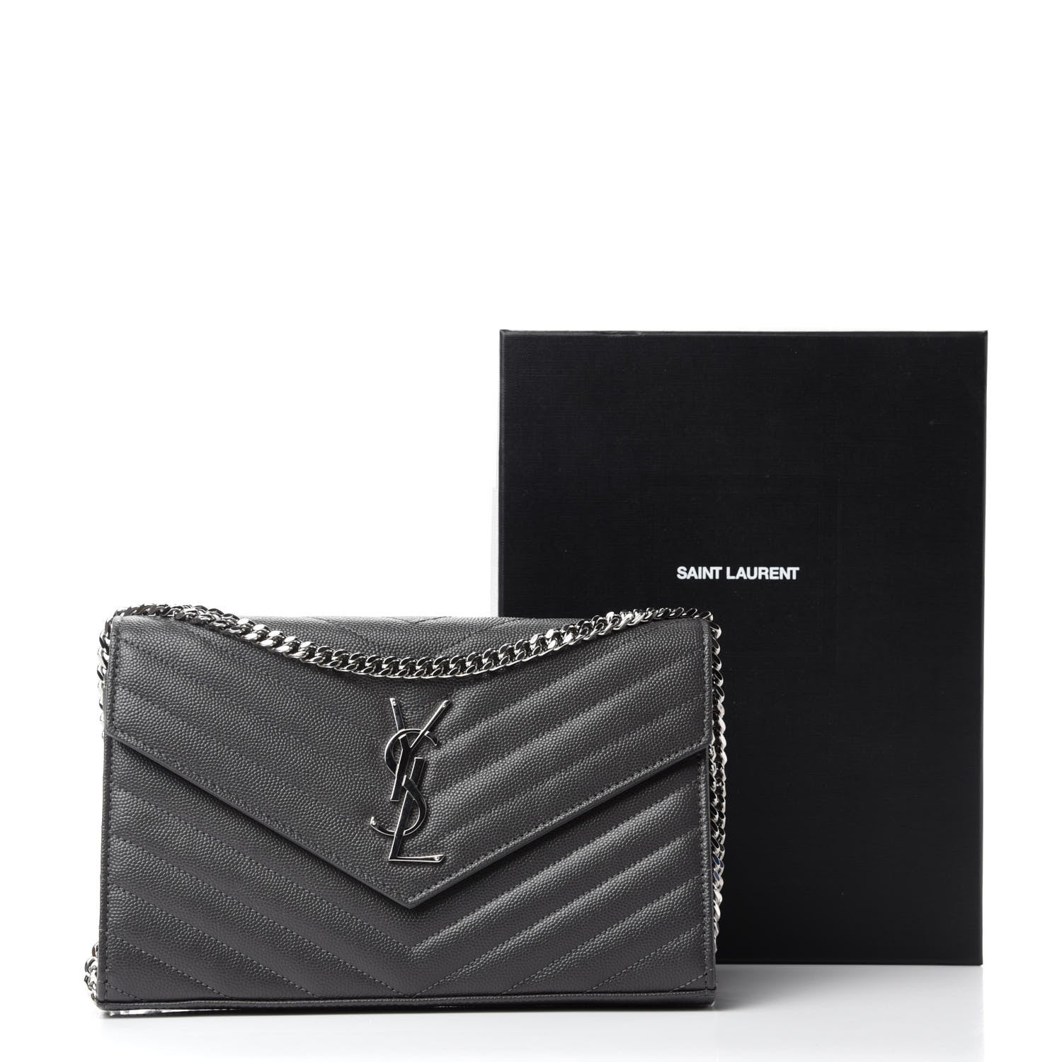 Saint Laurent Grain De Poudre Matelasse Chevron Monogram Chain Wallet Earth 11 of 11