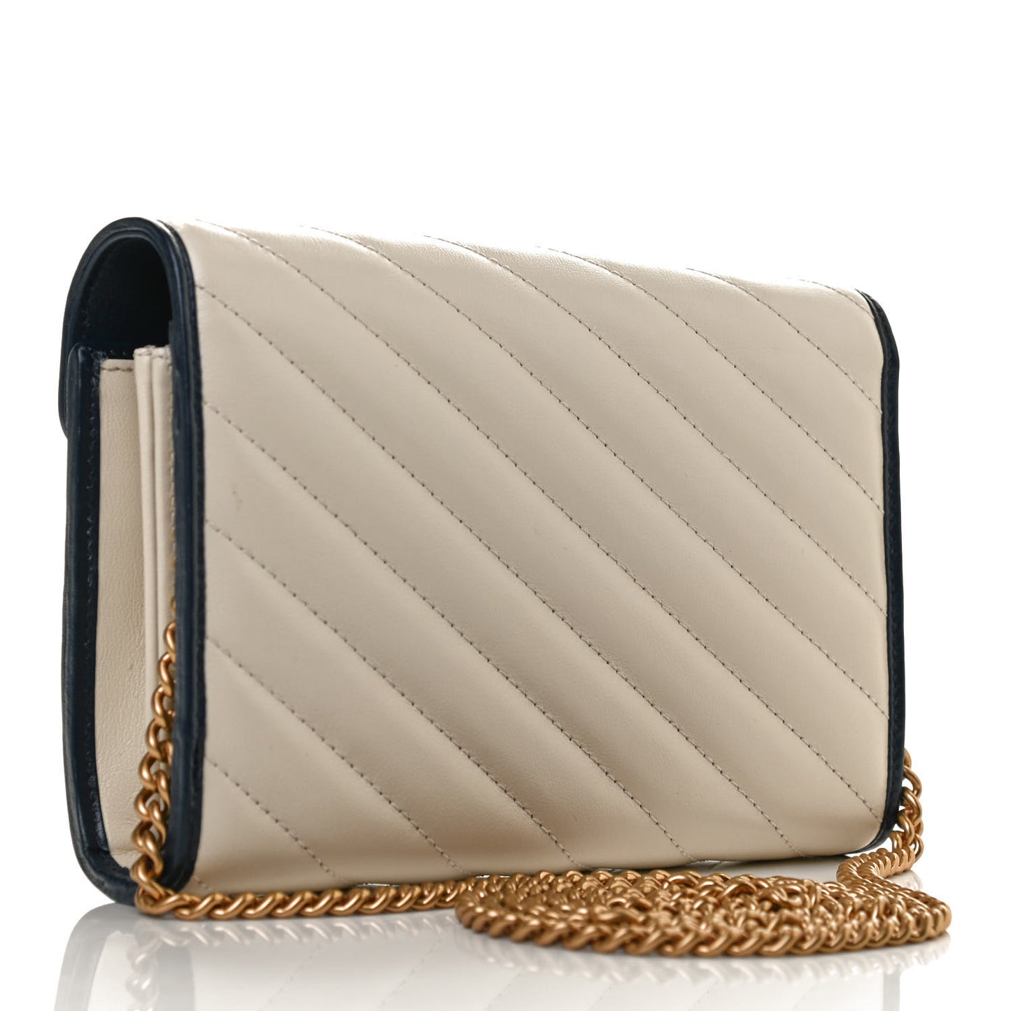 Vintage Effect Calfskin Matelasse Diagonal Torchon GG Marmont Chain Wallet Mystic White Blue Agata