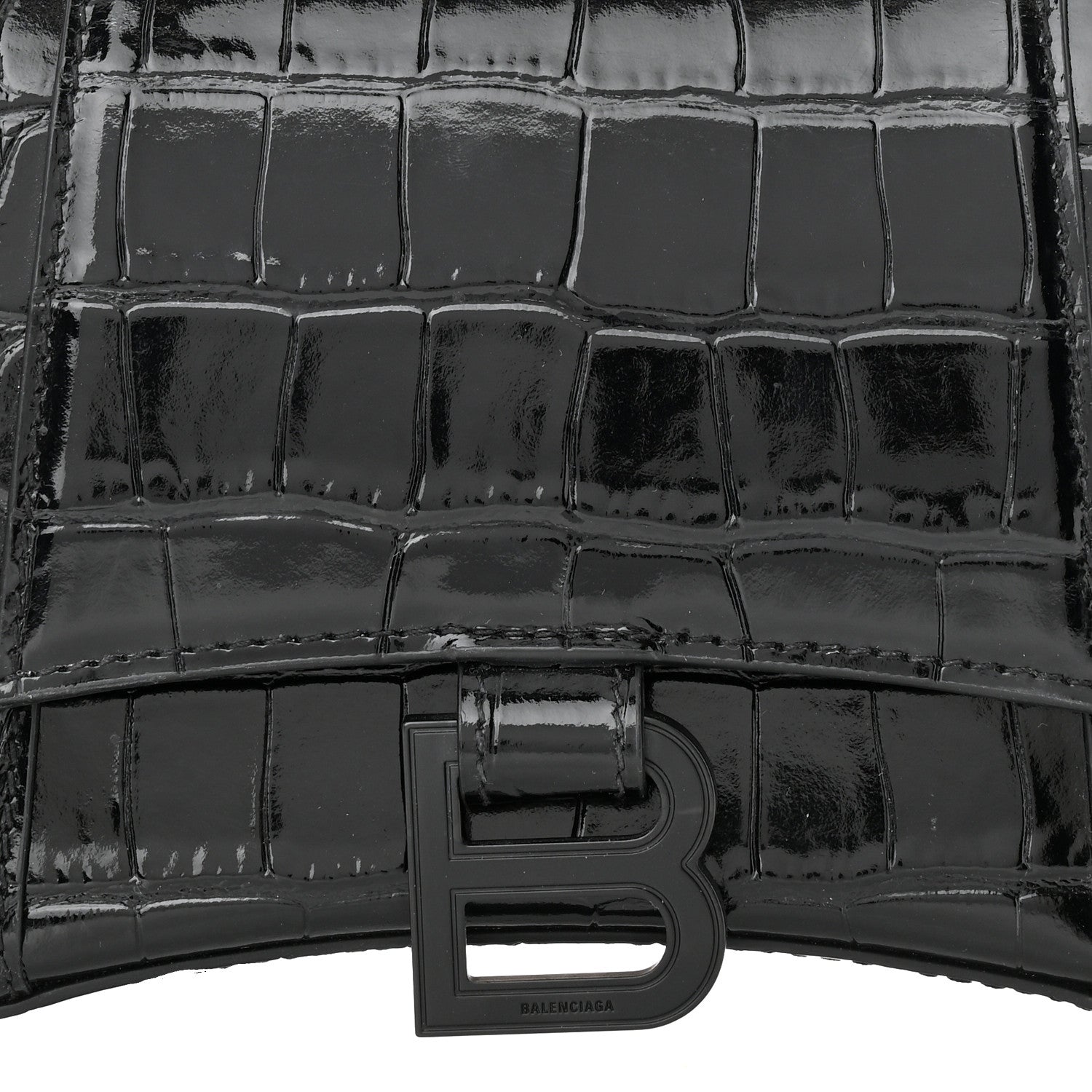Balenciaga Shiny Calfskin Monochrome Crocodile Embossed Small Hourglass Evening Chain Bag Black 7 of 12