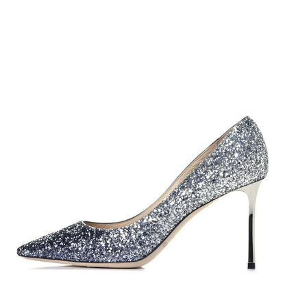 Jimmy Choo Coarse Glitter Degrade Pointy Toe Romy 100 Pumps 40 Navy Silver 1 of 7