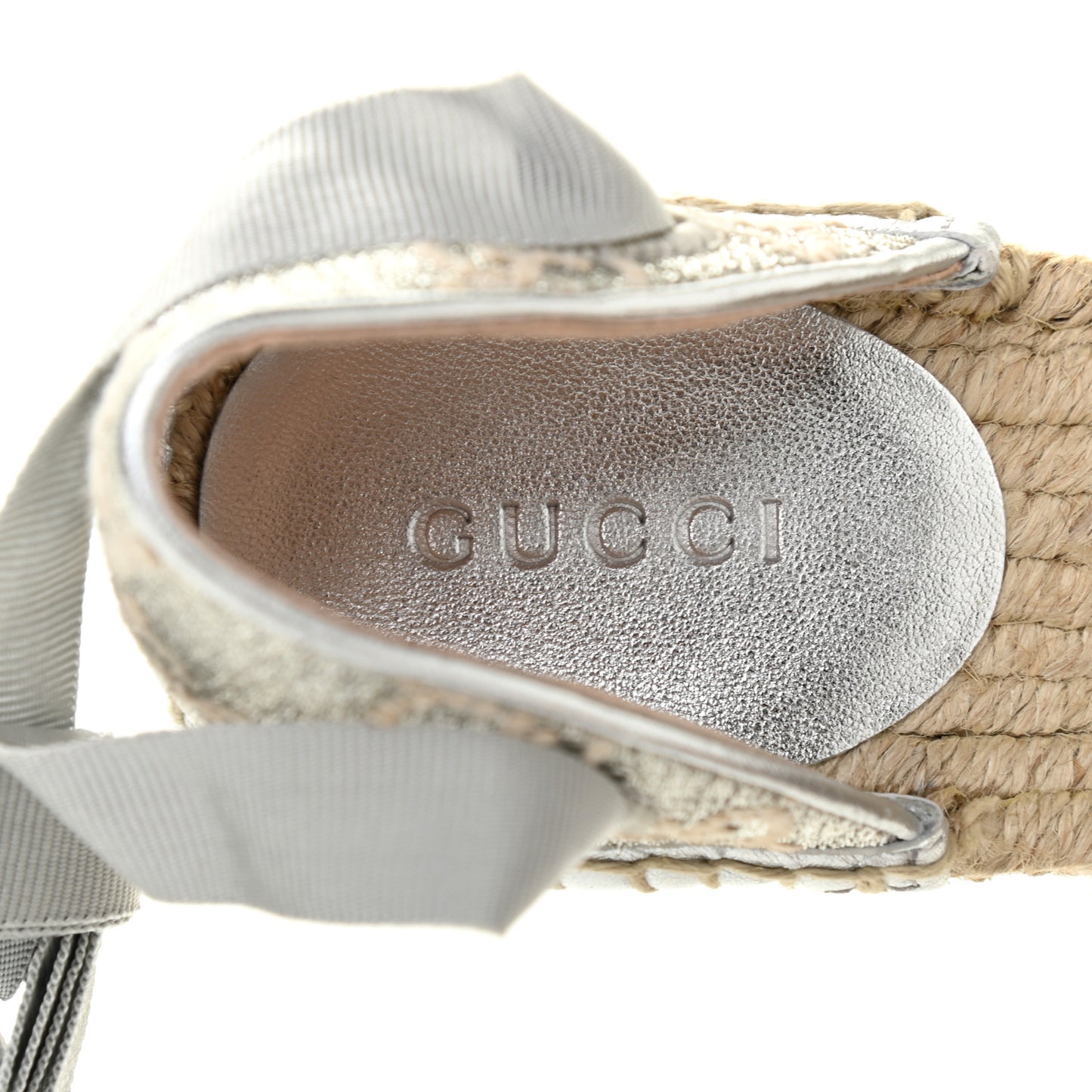 Lame GG Monogram Ankle Wrap Platform Espadrille Wedges 36.5 Silver Beige Light Grey