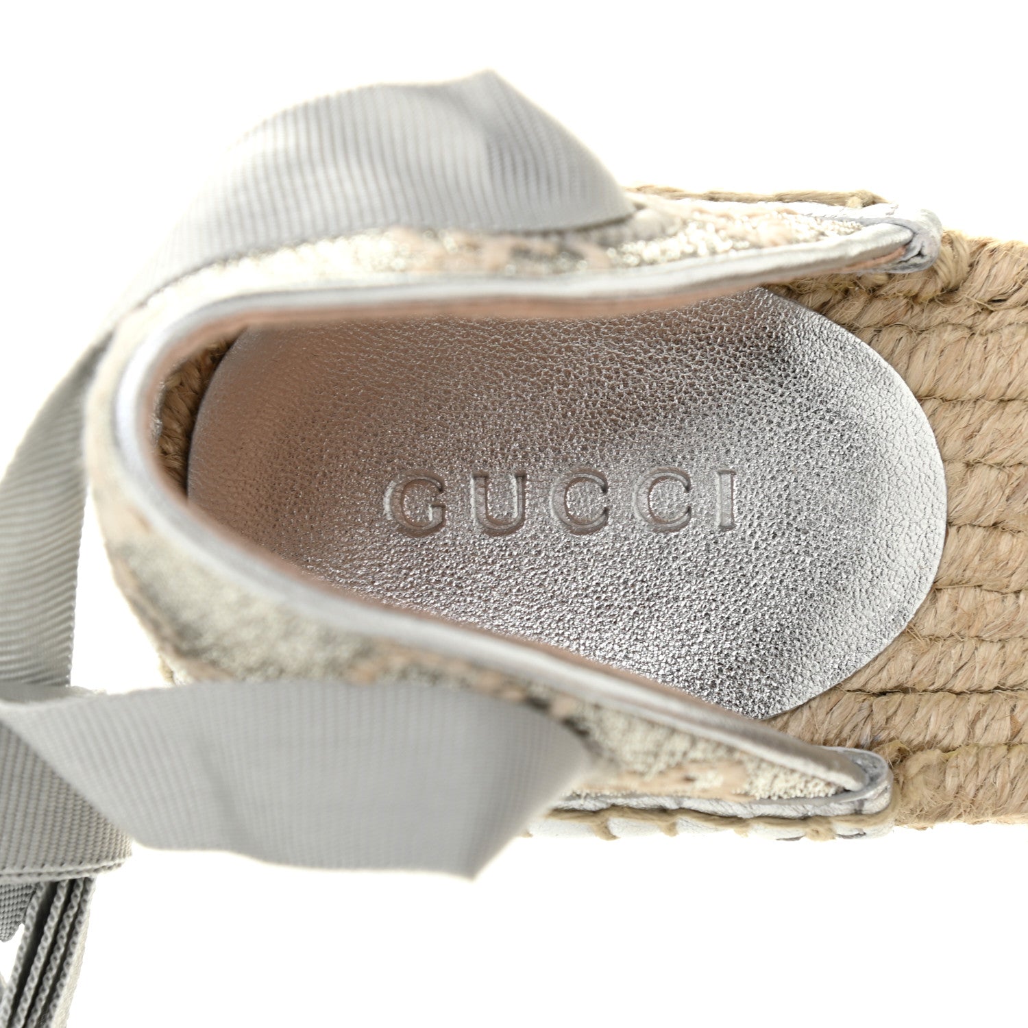 Gucci Lame GG Monogram Ankle Wrap Platform Espadrille Wedges 36.5 Silver Beige Light Grey 7 of 9