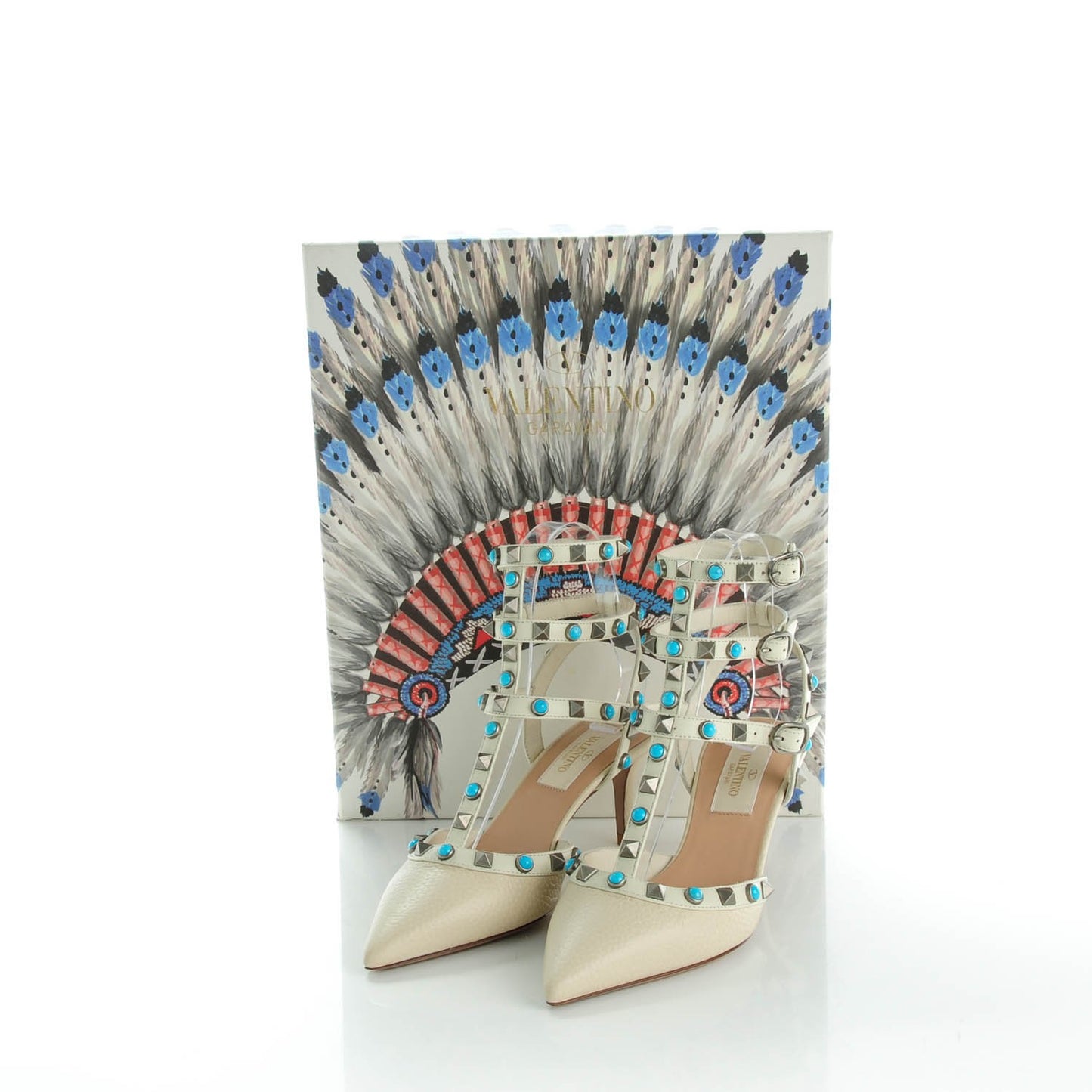Alce Printed Calfskin Rockstud Rolling Ankle Strap Pumps 34 Ivory