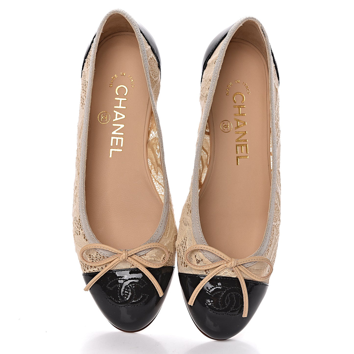 Lace Patent Cap Toe CC Ballerina Flats 35 Beige Black