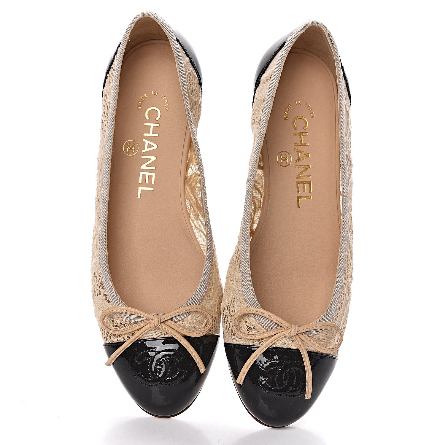 Chanel Lace Patent Cap Toe CC Ballerina Flats 35 Beige Black 5 of 10