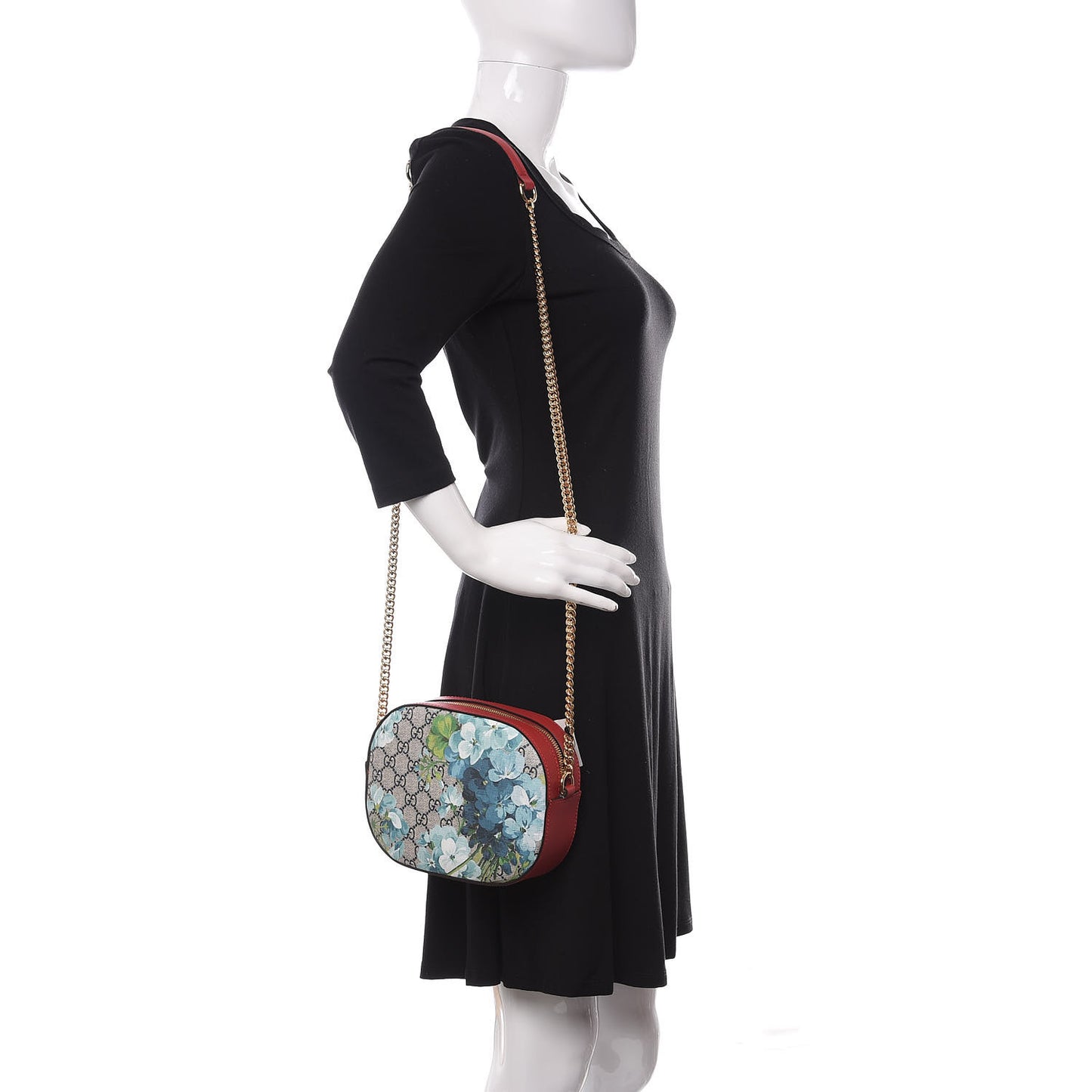 GG Supreme Monogram Blooms Mini Chain Shoulder Bag Beige Blue Navy Hibiscus Red
