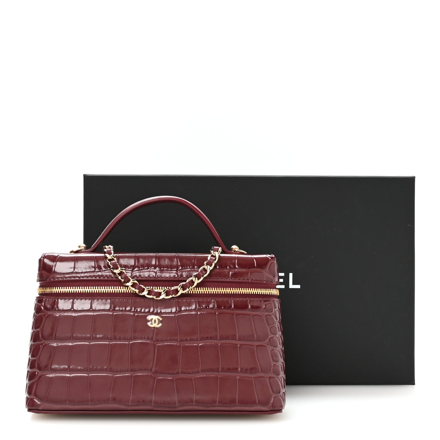 Chanel Calfskin Crocodile Embossed Exoticoco Large Supple Trapeze Vanity With Chain Dark Burgundy 11 of 11