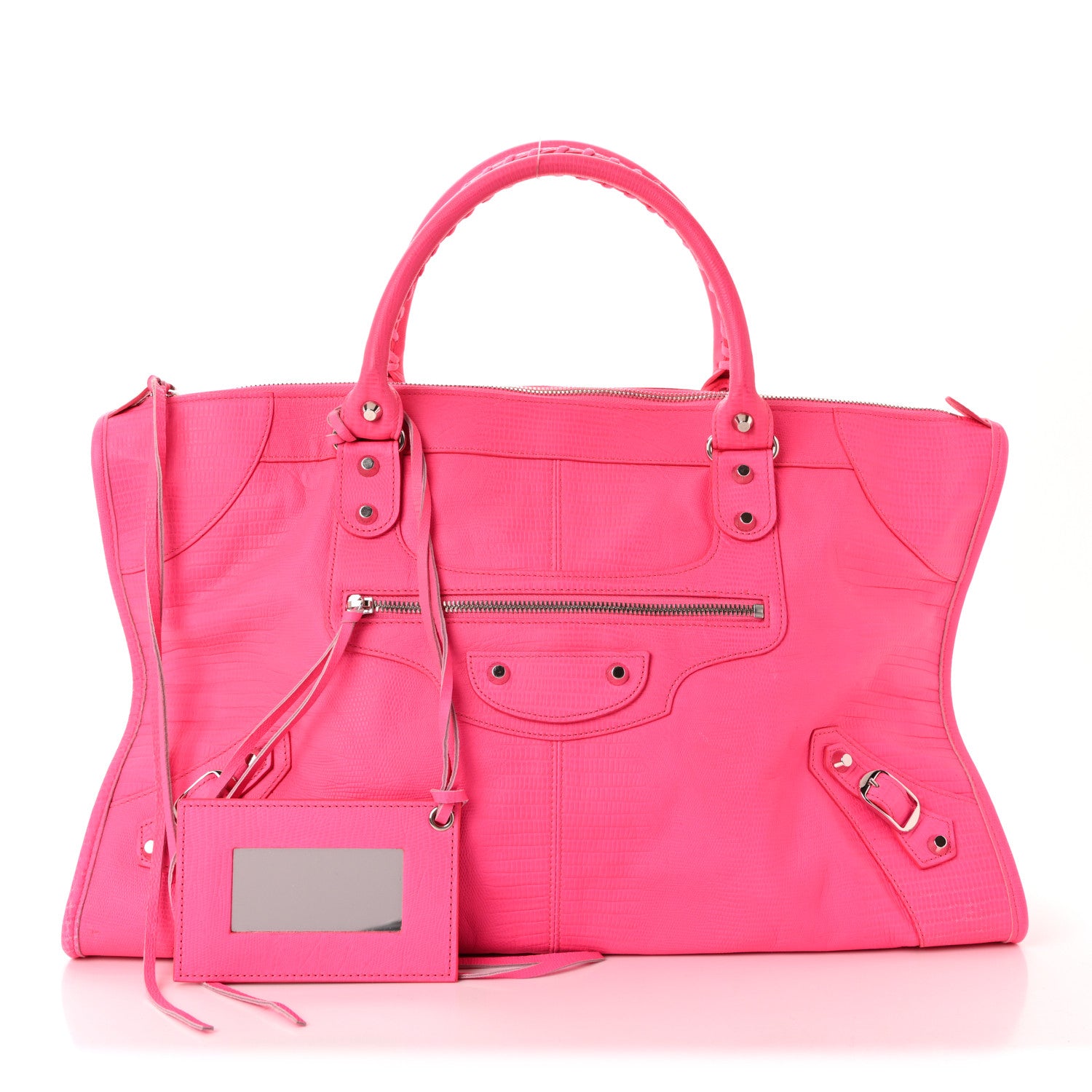 Balenciaga Calfskin Lizard Embossed Silver Hardware Work Rose Fluo 3 of 11