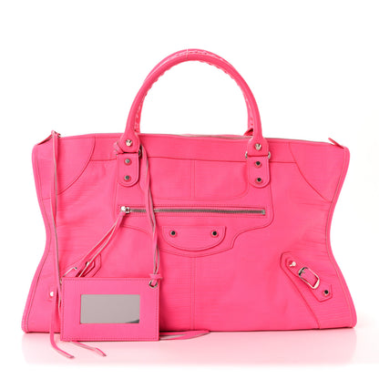 Balenciaga Calfskin Lizard Embossed Silver Hardware Work Rose Fluo 3 of 11
