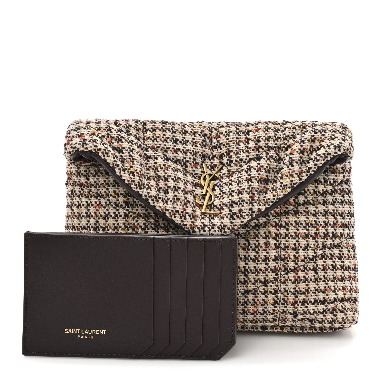 Saint Laurent Tweed Quilted Loulou Puffer Monogram Pouch Clutch Beige Umber Multicolor 3 of 10