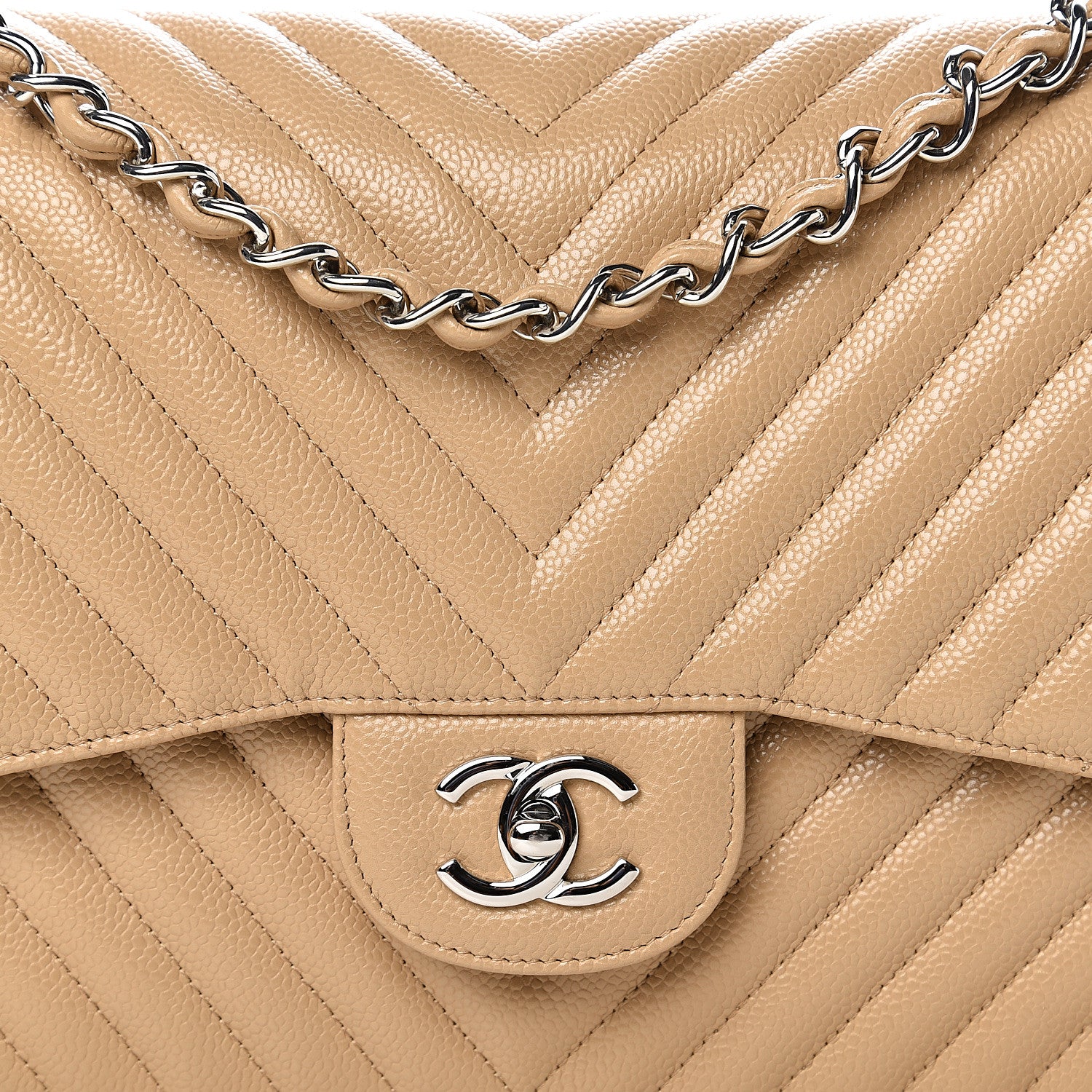 Chanel Caviar Chevron Quilted Jumbo Double Flap Beige 9 of 9