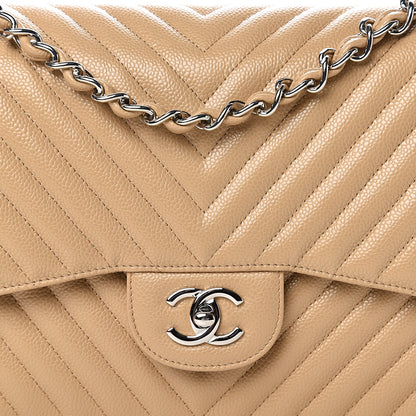 Chanel Caviar Chevron Quilted Jumbo Double Flap Beige 9 of 9