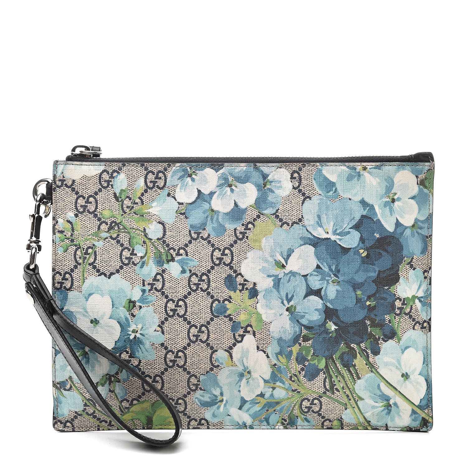 Gucci GG Supreme Monogram Blooms Small Zip Wristlet Pouch Beige Blue Black 1 of 8