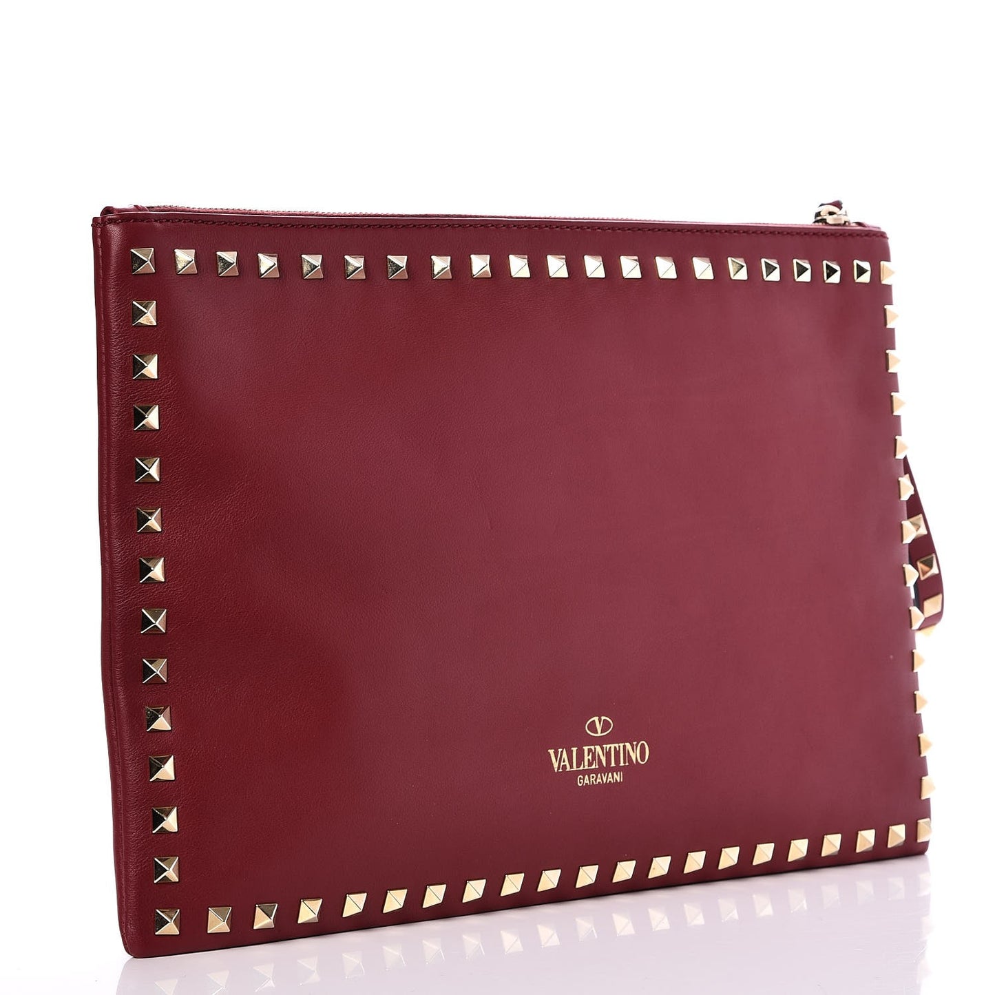Vitello Large Rockstud Zip Wristlet Pouch Rosso Valentino