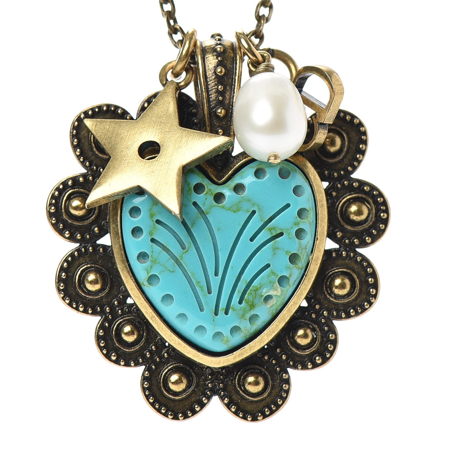 Christian Dior Metal Pearl Heart Necklace Aged Gold 4 of 6