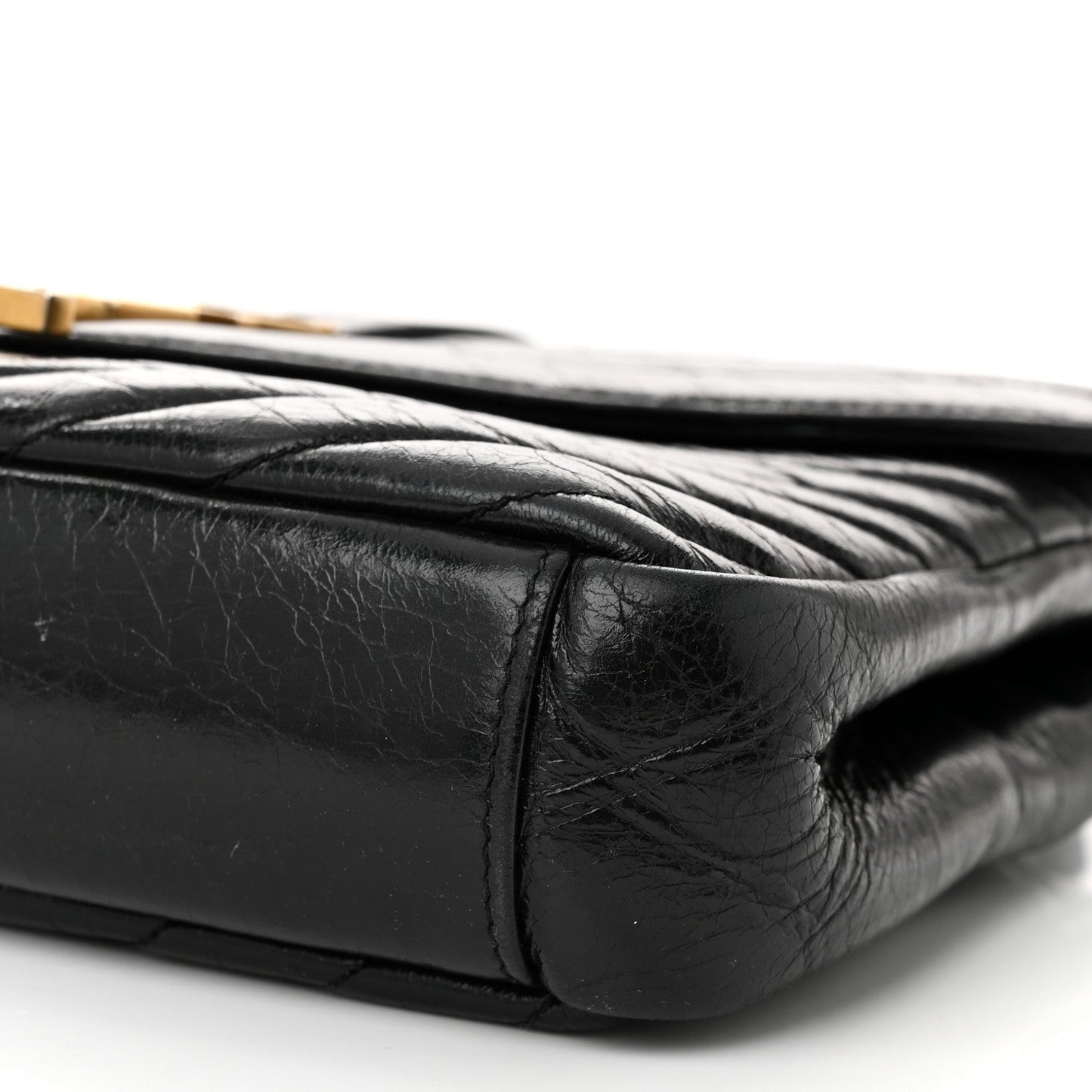 Cracked Shiny Calfskin Matelasse Chevron Monogram Medium College Bag Black