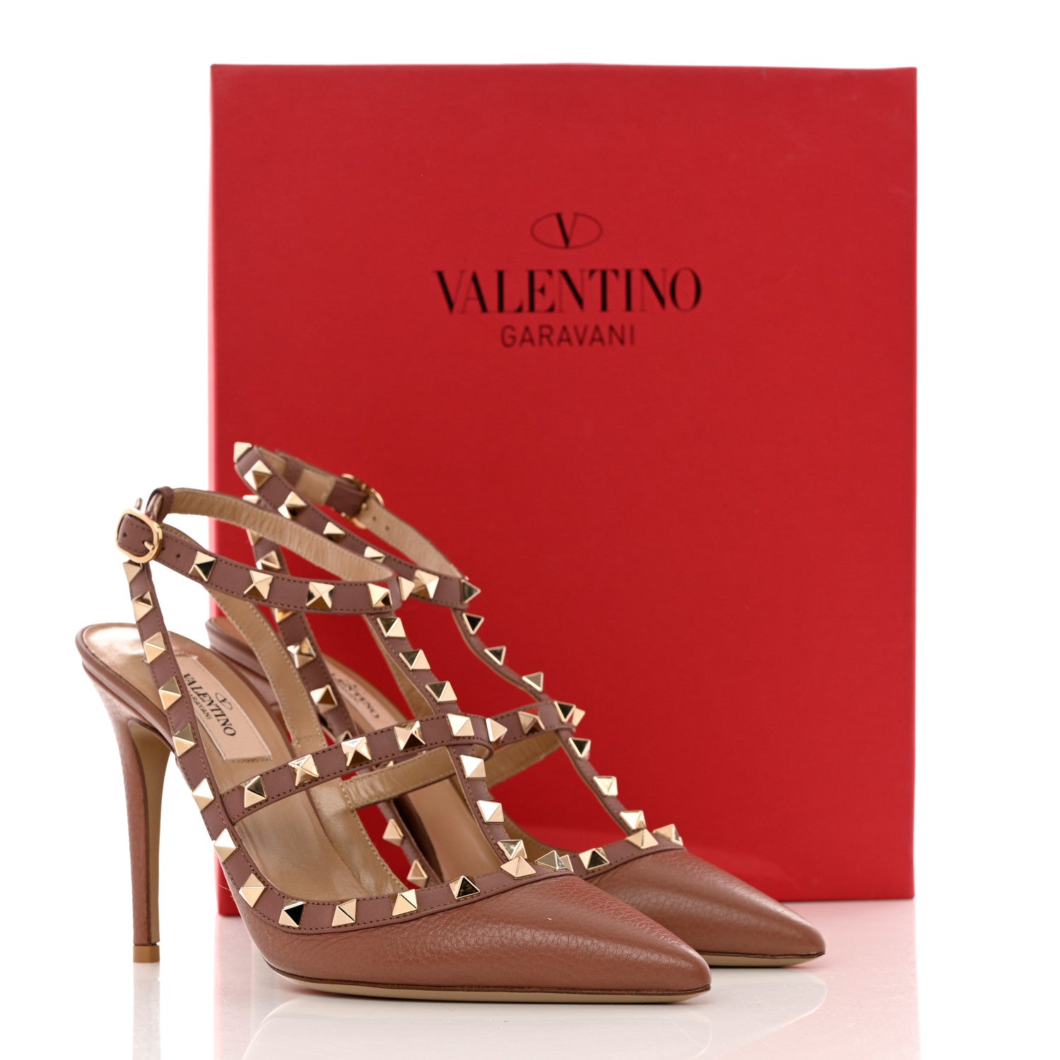 Valentino Garavani Pebbled Calfskin Rockstud Ankle Strap 100mm Pumps 37.5 Brownish 10 of 10