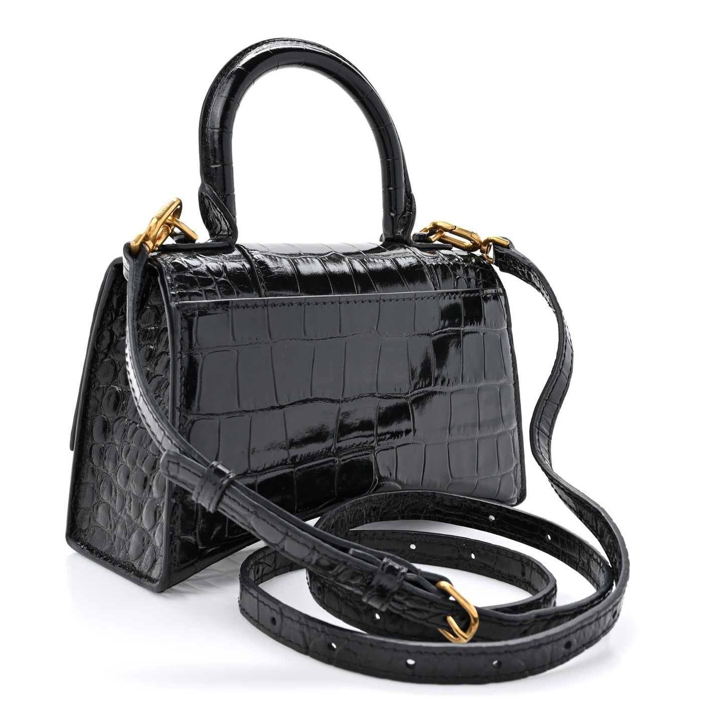 Shiny Calfskin Crocodile Embossed Hourglass Top Handle Bag XS Black