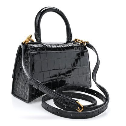 Balenciaga Shiny Calfskin Crocodile Embossed Hourglass Top Handle Bag XS Black 3 of 12